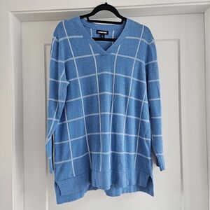 Lands' End Blue V-Neck Sweater with White Grid Pattern